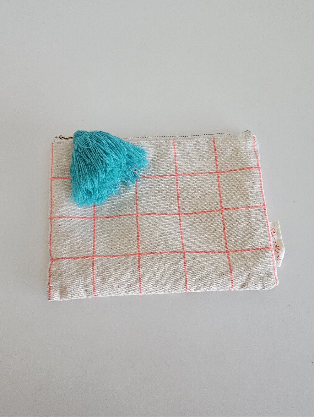 Meri Meri Cotton Grid Windowpane Neon Canvas Zipper Pouch Tassel Zipper